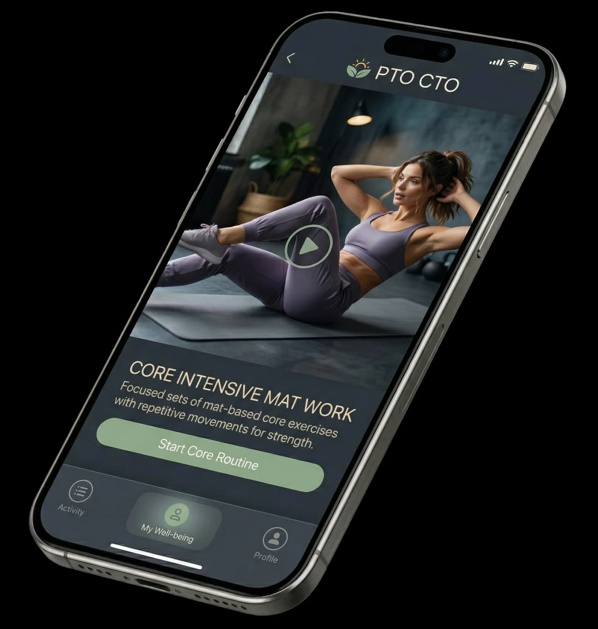 Ptocto custom fitness app displayed on a smartphone showing a professional trainer in a premium gym environment